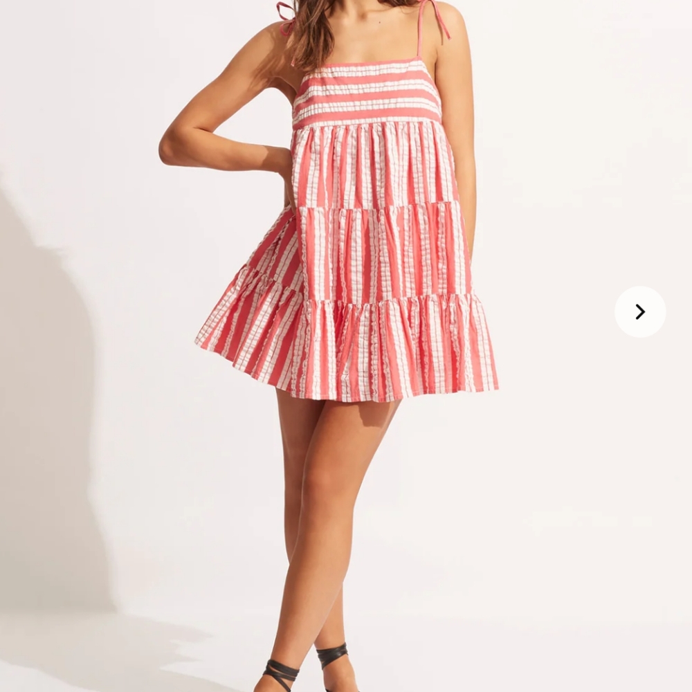 SEAFOLLY $140 SZ S SUN KISSED CORAL GINGHAM  3 TIER  BABYDOLL DRESS LN